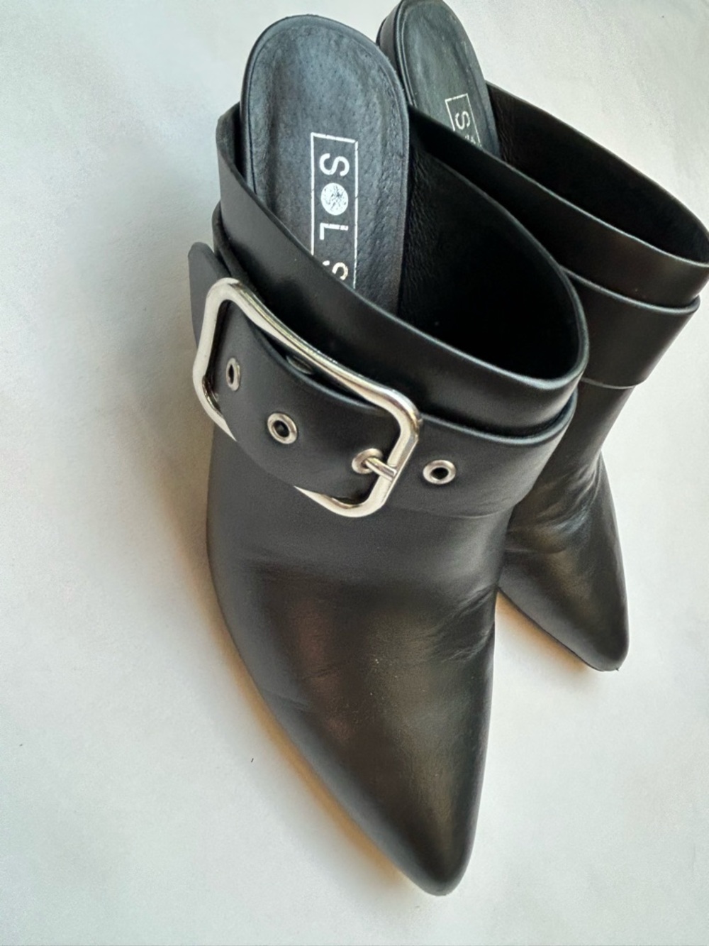Sols Black Leather Pointed Mule with Silver Buckle
